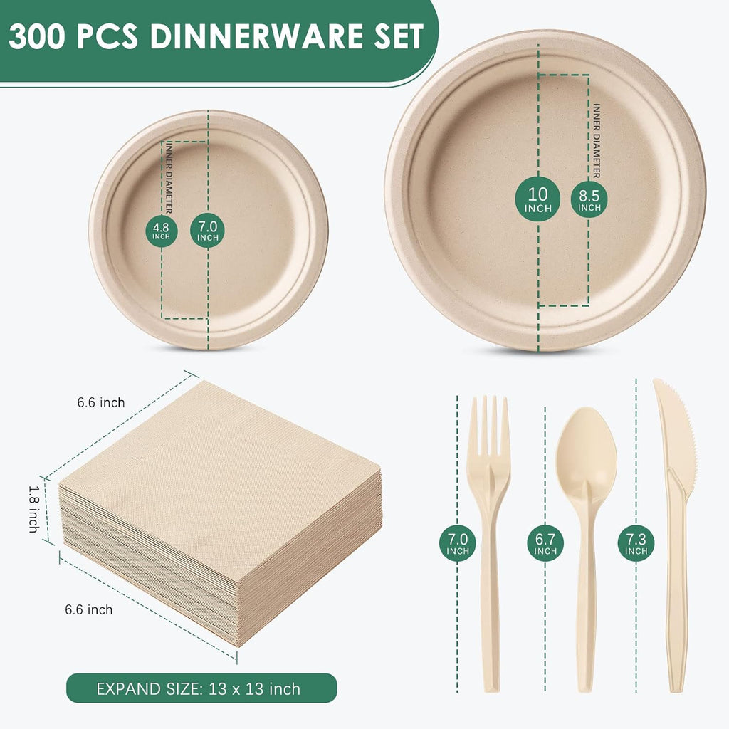 Compostable Paper Plates Set 300 PCS Disposable Plates 10 Inch