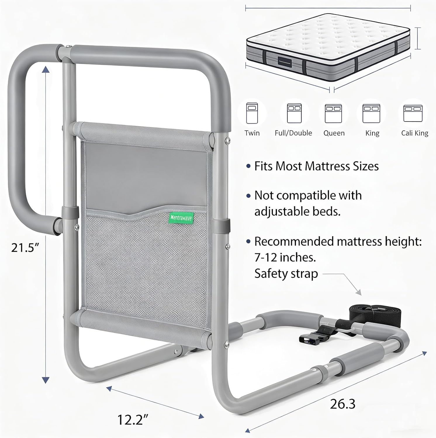Bed Rails for Elderly Adults, ASTM Approved Bed Assist Rail with Dual Non-Slip Handles for Easily Getting in & Out of