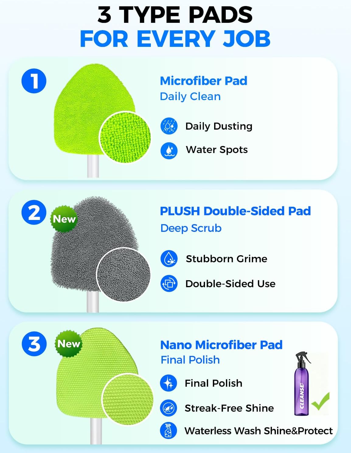 XINDELL Windshield Cleaner Tool – Car Interior Window Cleaning Kit with Extendable Handle & 4 Microfiber Pads, Auto