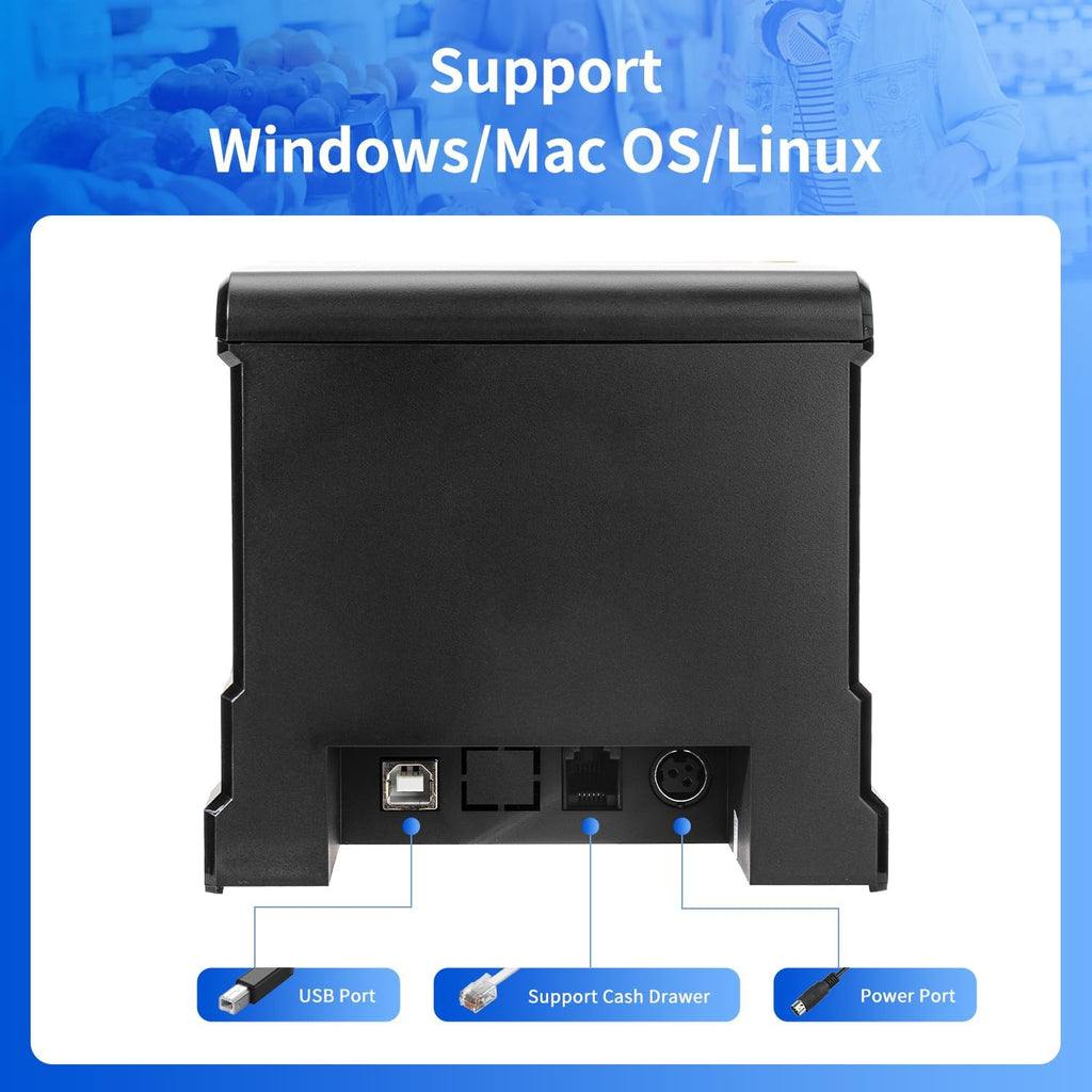 USB POS Receipt Printer, 80mm Thermal Receipt Printer with Auto Cutter Cash Drawer, 300mm/s, Support