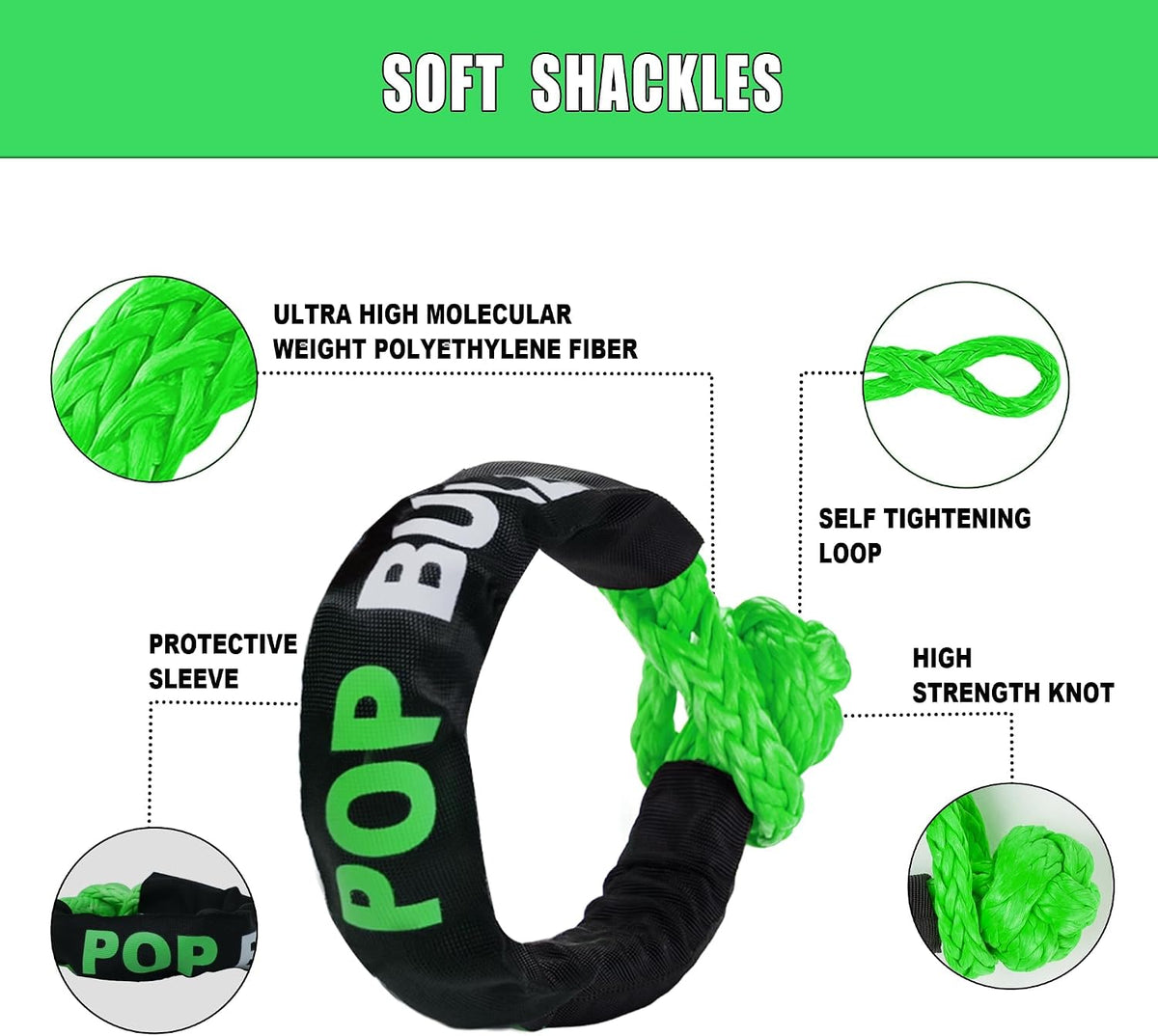 Kinetic Recovery Rope,(1in x 30ft Green) 48,500lbs Snatch Strap, Heavy Duty Stretch Nylon Towing Ropes with 2pcs Soft