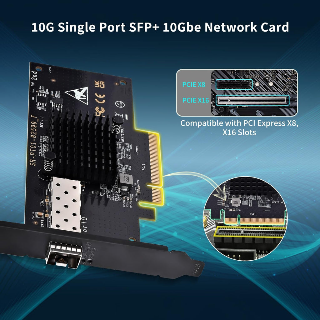 10Gb PCI-E NIC with 82599EN(X520-DA1) Controller, Single Port SFP+ PCI-E Network Card, Supports Windows/Windows Server/VMware