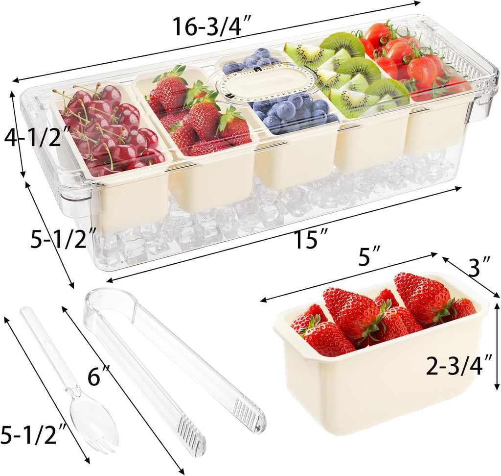 Large Ice Chilled Condiment Server with Lid, 5 Compartment Chilled Condiment Caddy, Taco Bar Serving Tray, Garnish