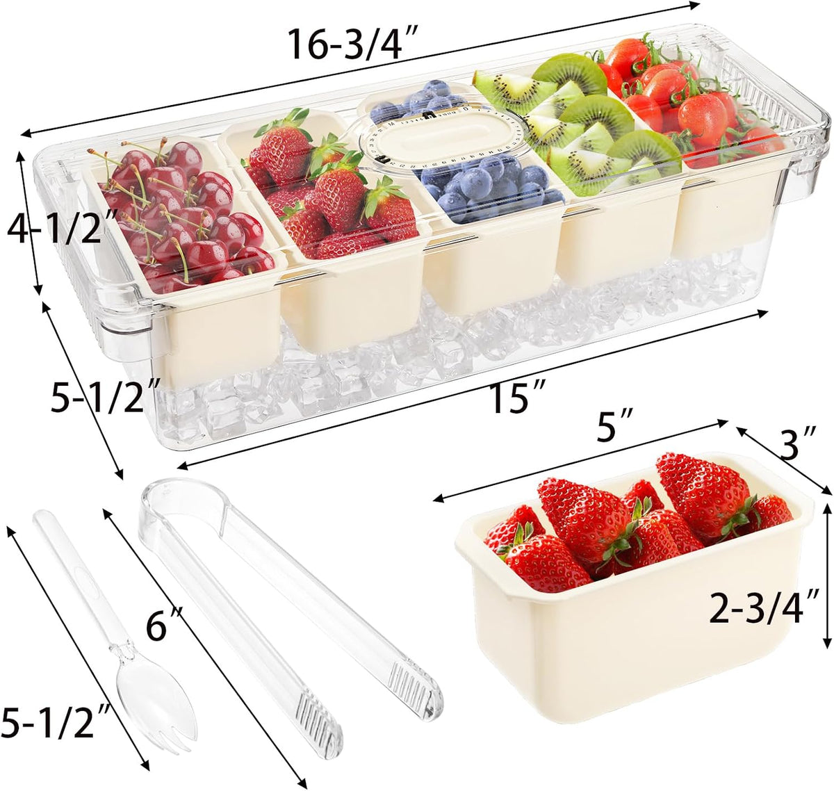 Large Ice Chilled Condiment Server with Lid, 5 Compartment Chilled Condiment Caddy, Taco Bar Serving Tray, Garnish