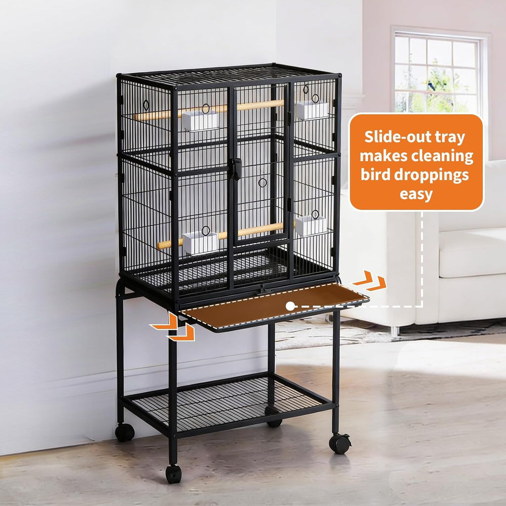 Spacious Flight Bird Cage with Rolling Stand & Storage Shelf - Durable Wrought Iron Parrot Home w/Play Top & Bowls