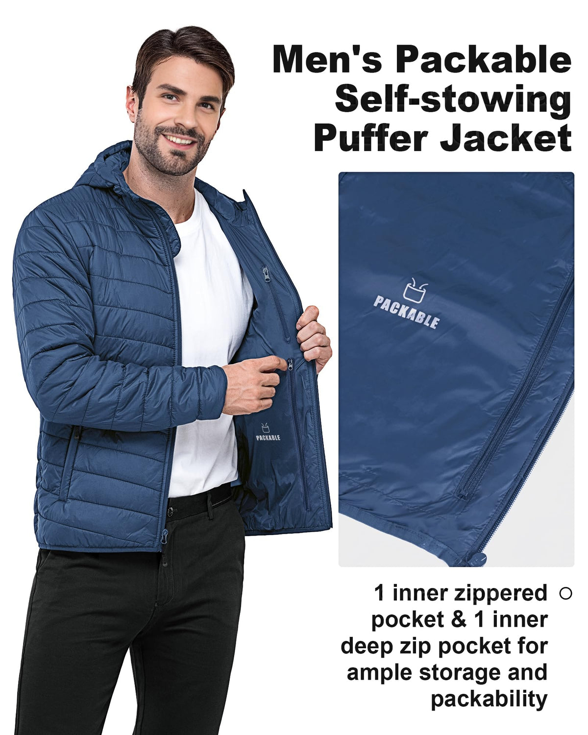 Men's Packable Hooded Puffer Jacket Insulated Winter Coat