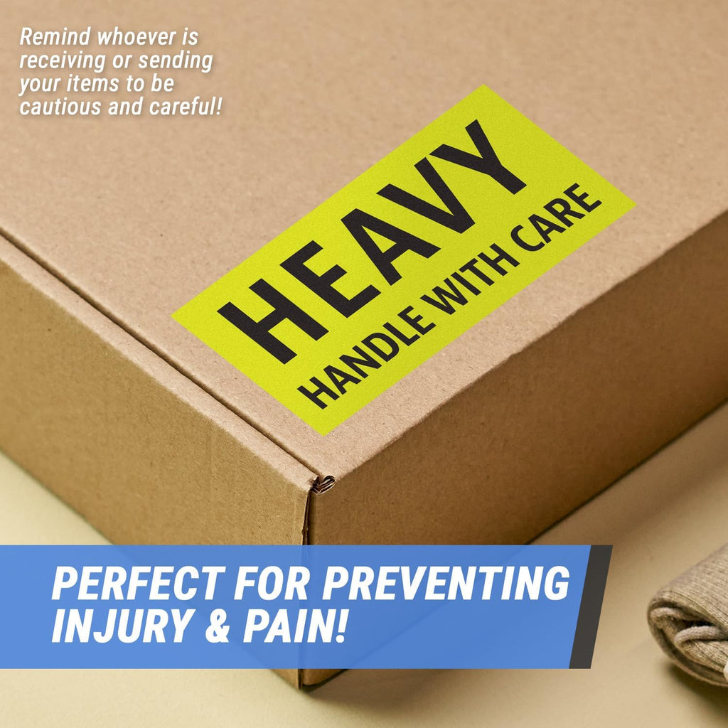 Caution Heavy, Handle with Care Labels (4 x 2 inch, Fluorescent Yellow with Bold Letters - 900 Labels) Warning Heavy