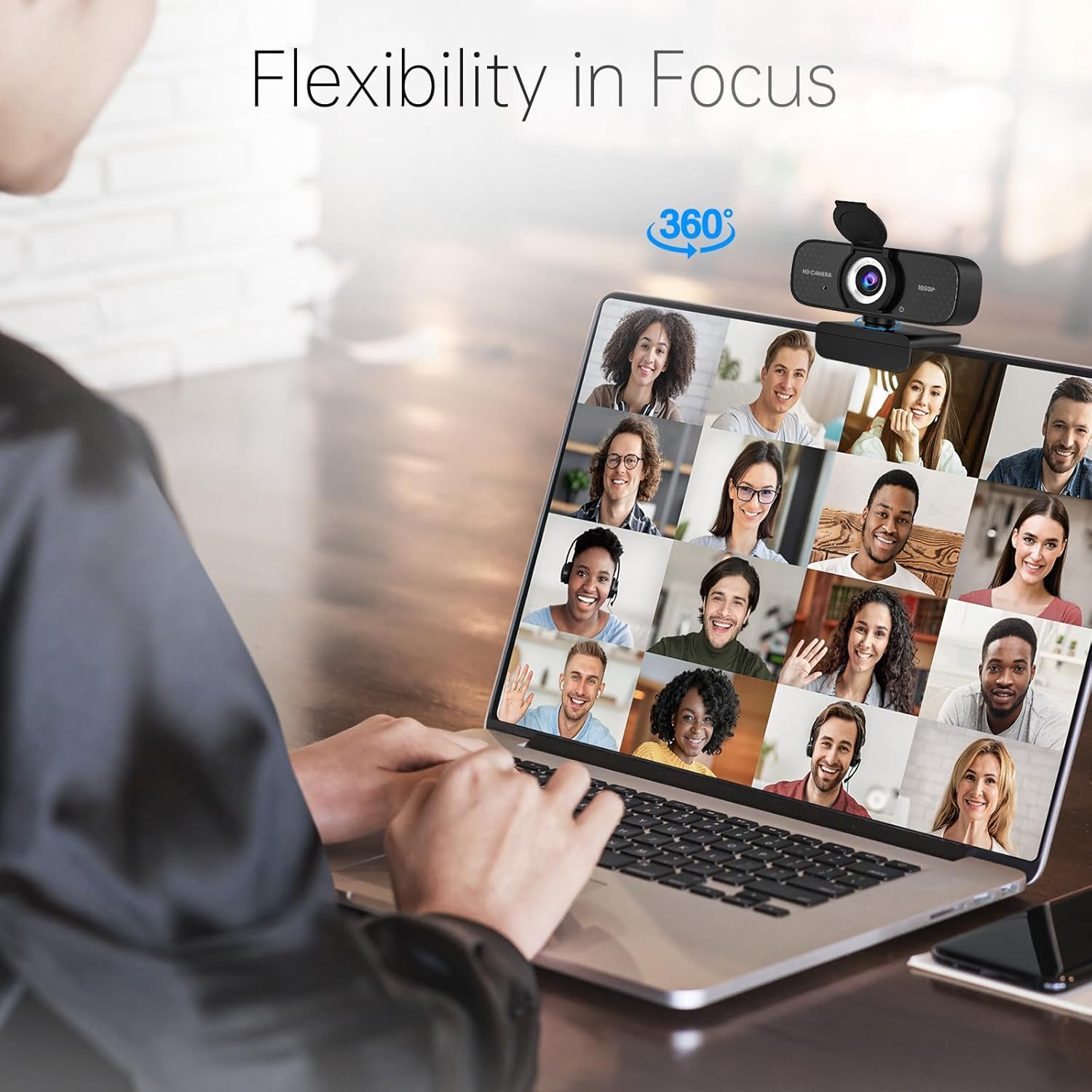 1080P HD Webcam with Noise-Canceling Mic, Auto Light Correction, Privacy Cover and Wide Angle Lens, Plug & Play USB