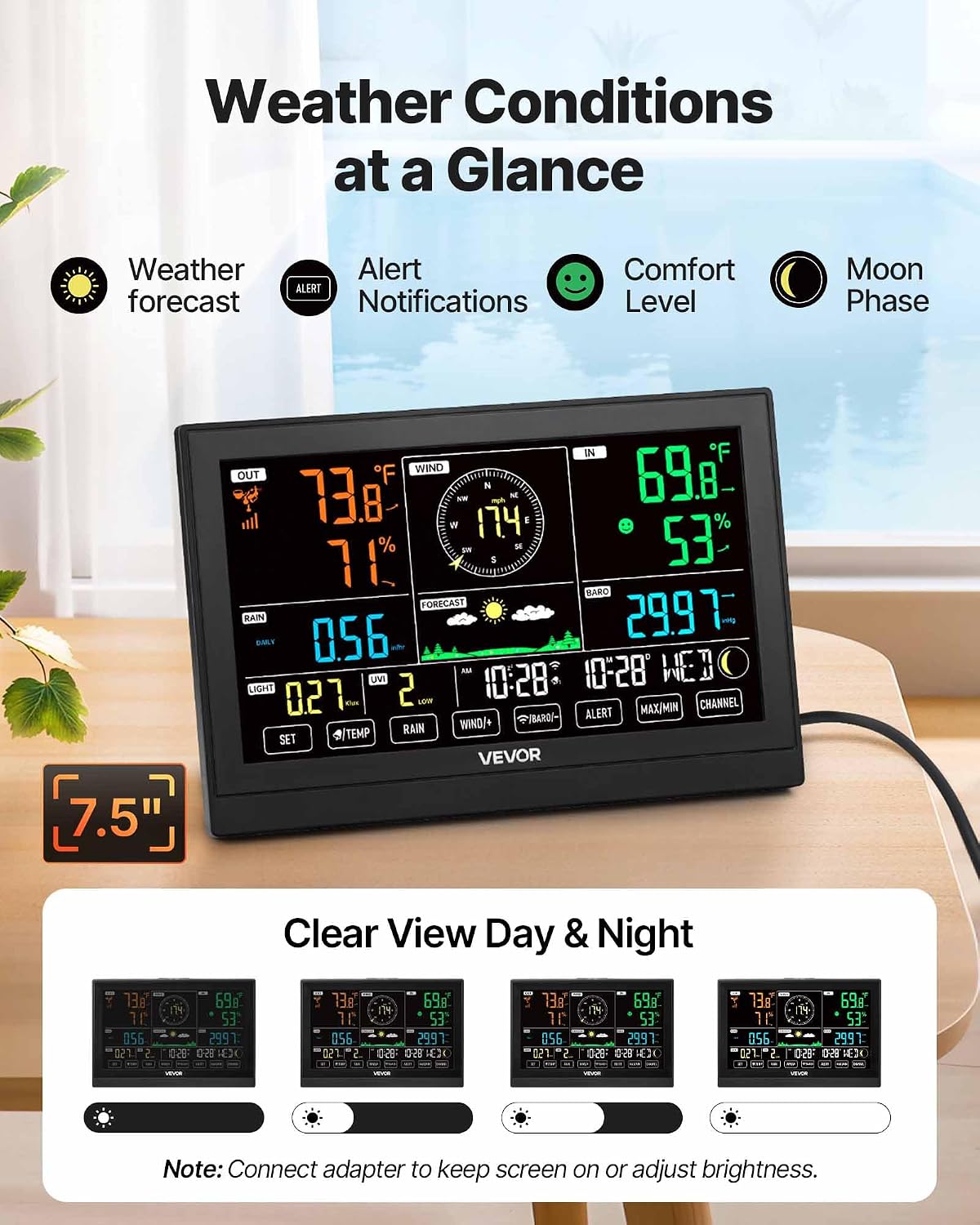 7-in-1 Wi-Fi Weather Station with APP, 7.5 in Display, Wireless Solar Powered Outdoor Sensor, with Pool Thermometer