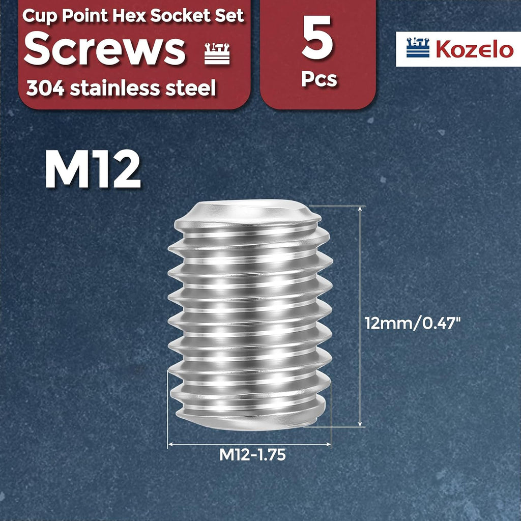 5pcs Cup Point Hex Socket Set Screws-M12-1.75x12mm 304 SS