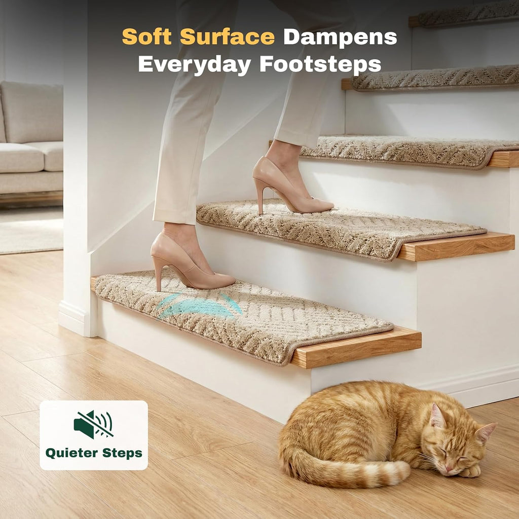 Non-Slip Carpet Bullnose Stair Treads 14 Pack 9.5" x 30" Beige