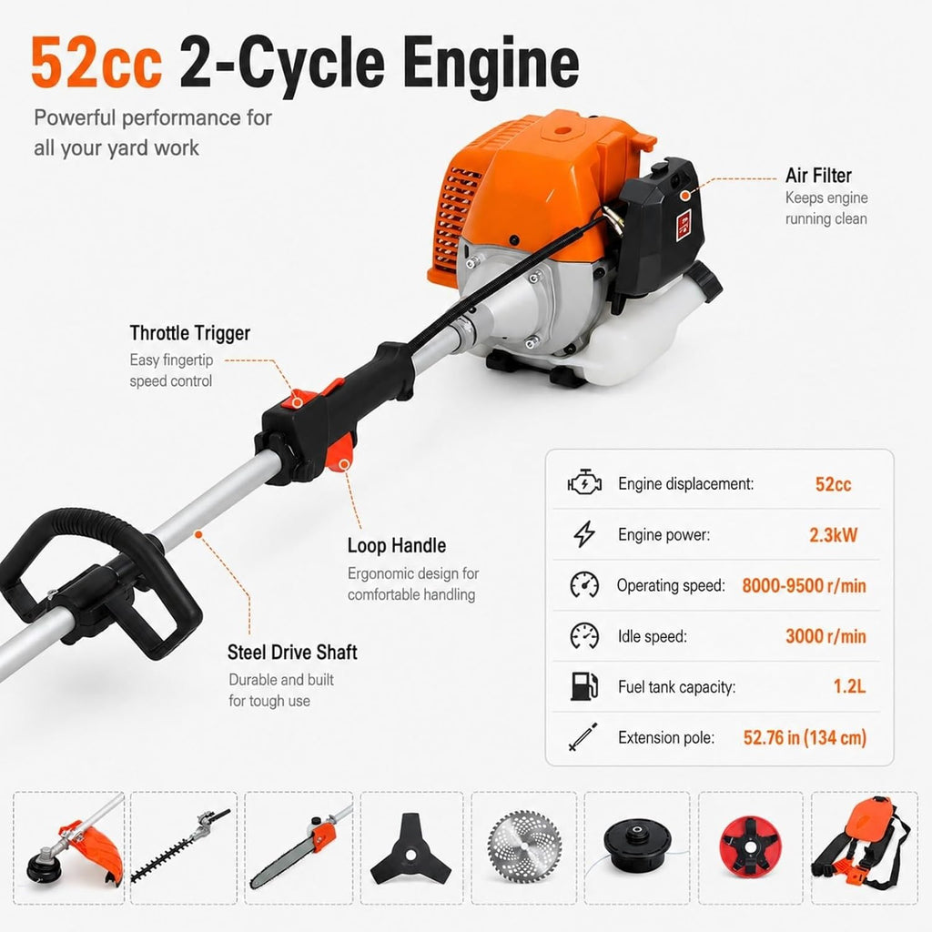 Gas Weed Eater 52cc 8-in-1, Brush Cutter, Hedge Trimmer and Pole Saw (Orange-2026)