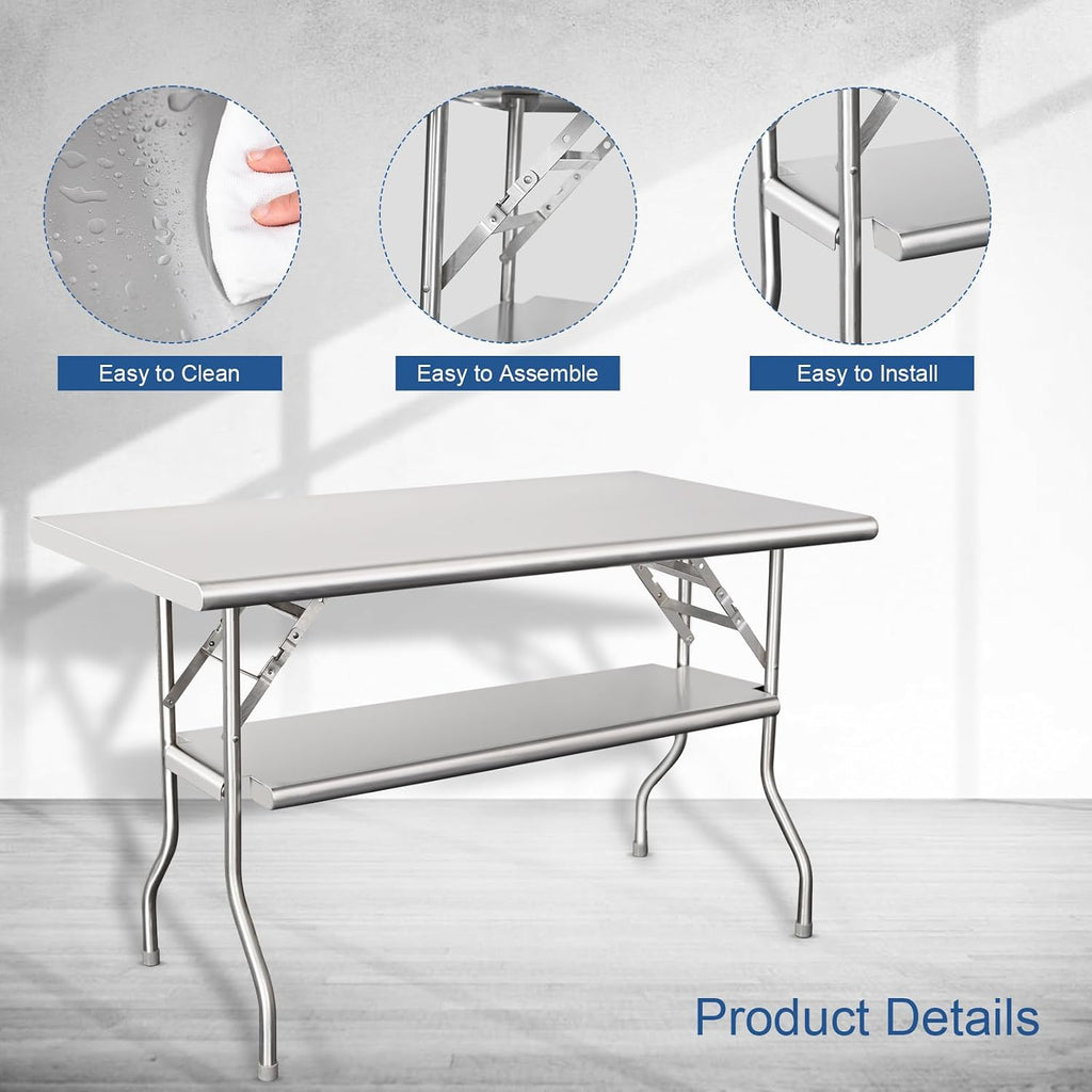 HARDURA Folding Stainless Steel Prep Table with Undershelf 30X48 Inches