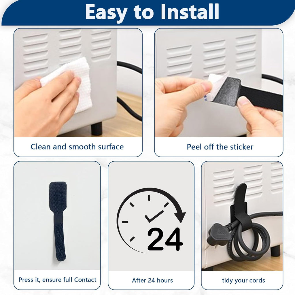 50 PCS Hook and Loop Cable Ties, Under Desk Cable Management, Self Adhesive Cable Clips Straps, Sticky-Back Cord
