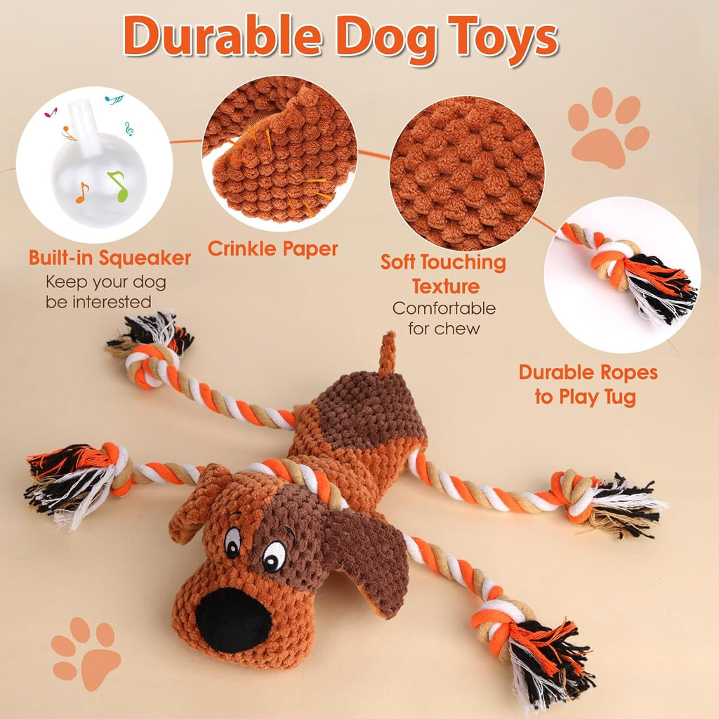 Interactive Dog Toys for Large Dogs - Durable Rope Tug of War Toy with Squeaker & Crinkle - Tough Plush Chew Toys for