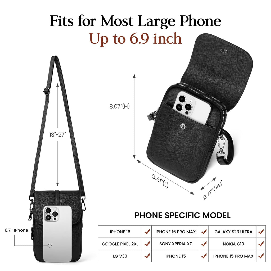 Black Genuine Leather Small Crossbody Bags for Women Cell Phone Purse