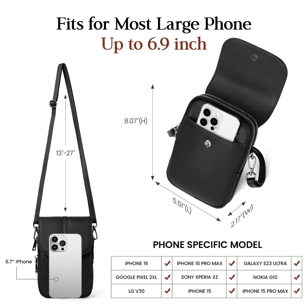 Black Genuine Leather Small Crossbody Bags for Women Cell Phone Purse
