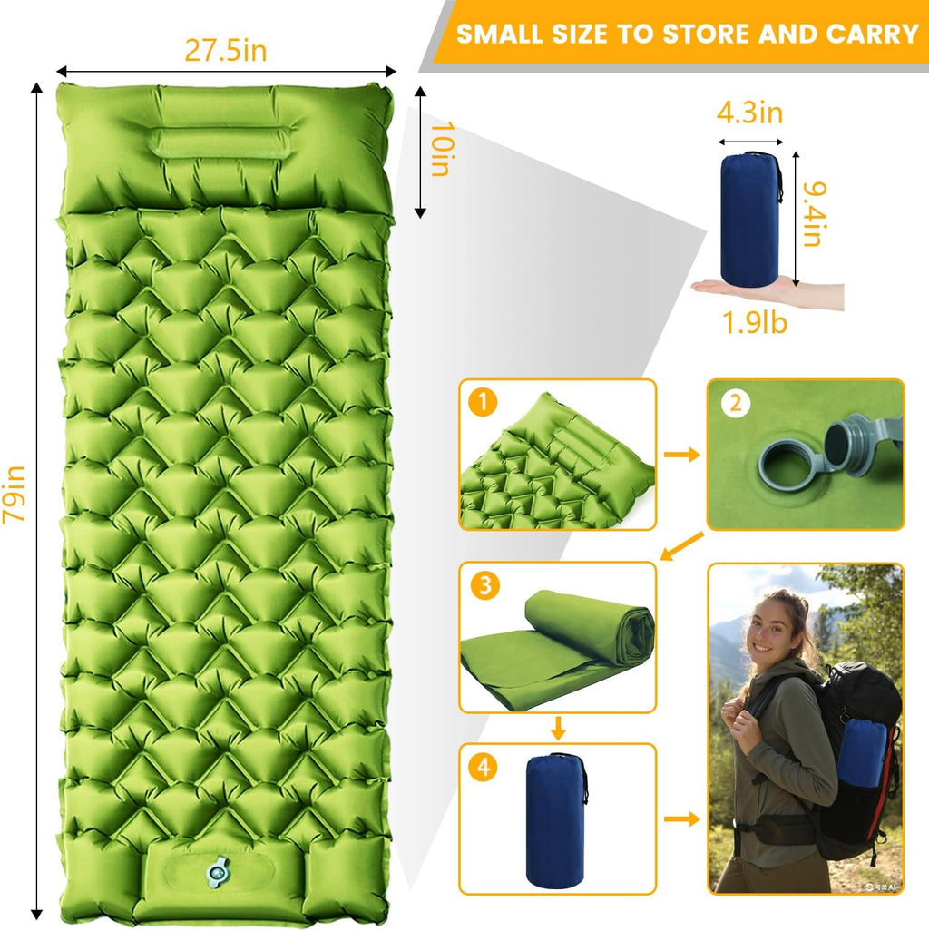 4in Ultralight Camping Sleeping Pad with Pillow and Foot Pump | Wide Compact Inflatable Camping Mat for Travel, Tent