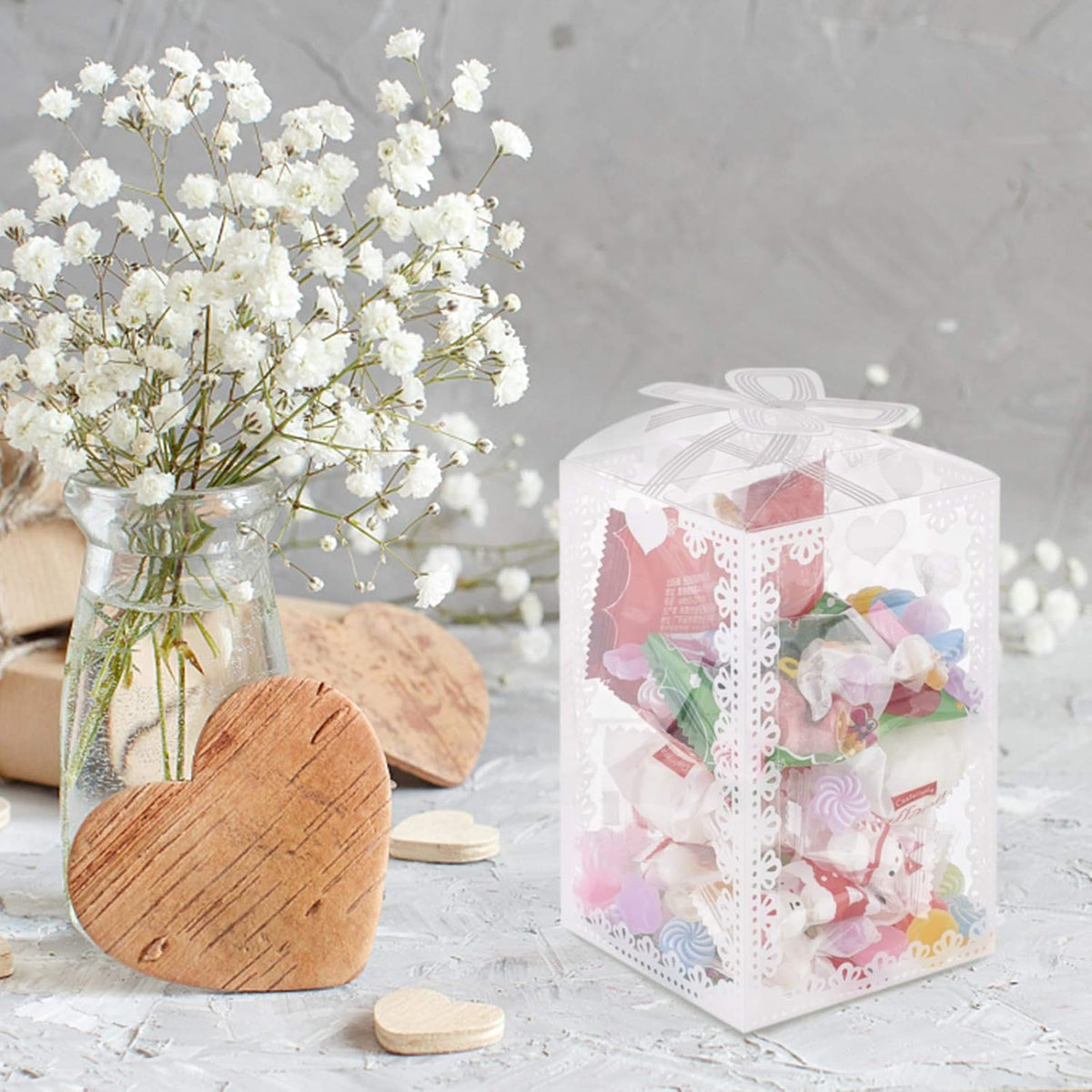 24PCS 3.5x3.5x5.5 Clear Wedding Favour Boxes with Bowknot Pattern Rectangle PVC Transparent Gift Boxes for Candy