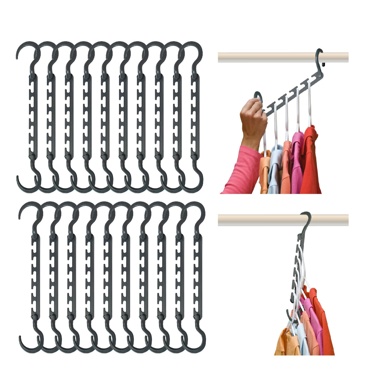 Max 20-Pack Space-Saving Hangers, 360° Hook, Grey
