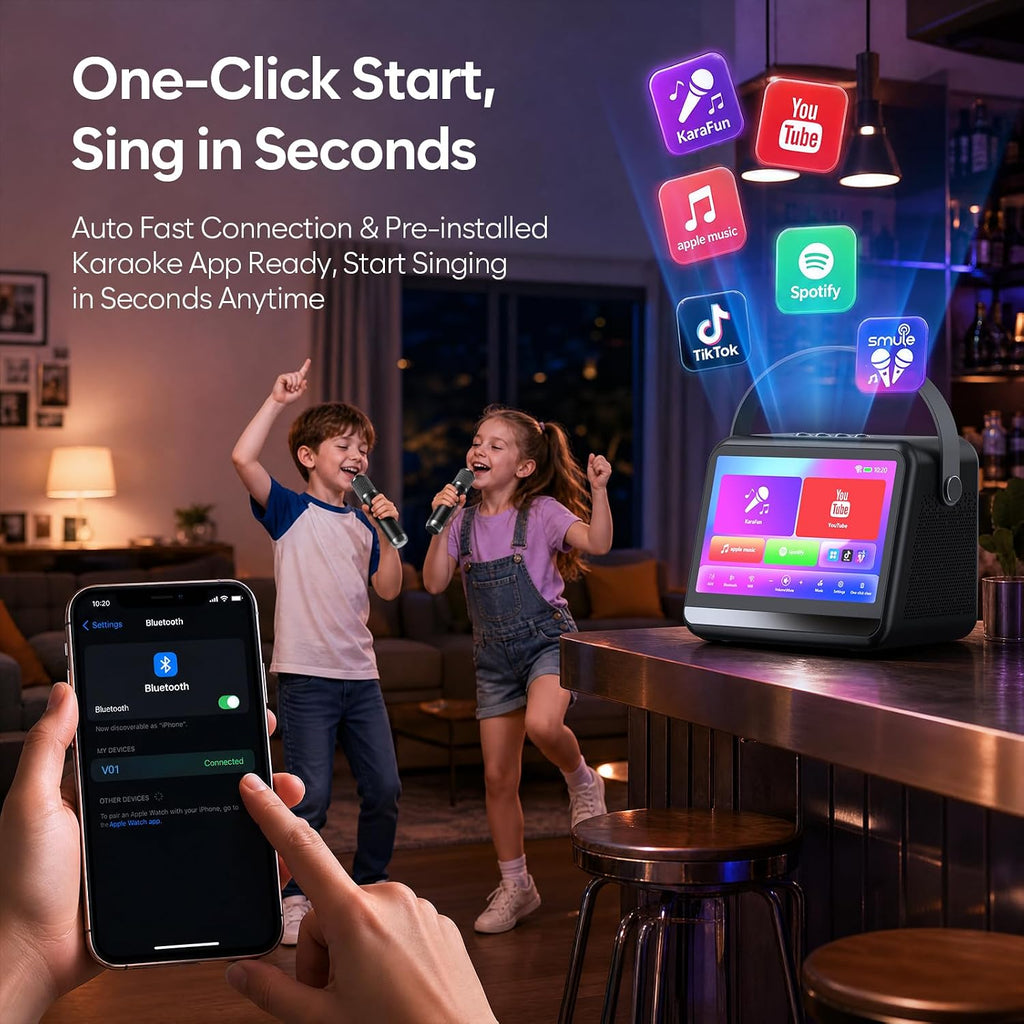 Karaoke Machine with Lyrics Display, Portable Bluetooth Speaker with 7 inch HD Touch Screen, WiFi Karaoke Player with