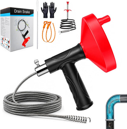 Drain Snake Auger, 33 FT Plumbing Snake Drain Hair Clog Removal Tool, Heavy Duty Snake Auger, Sink Unclogger Drain