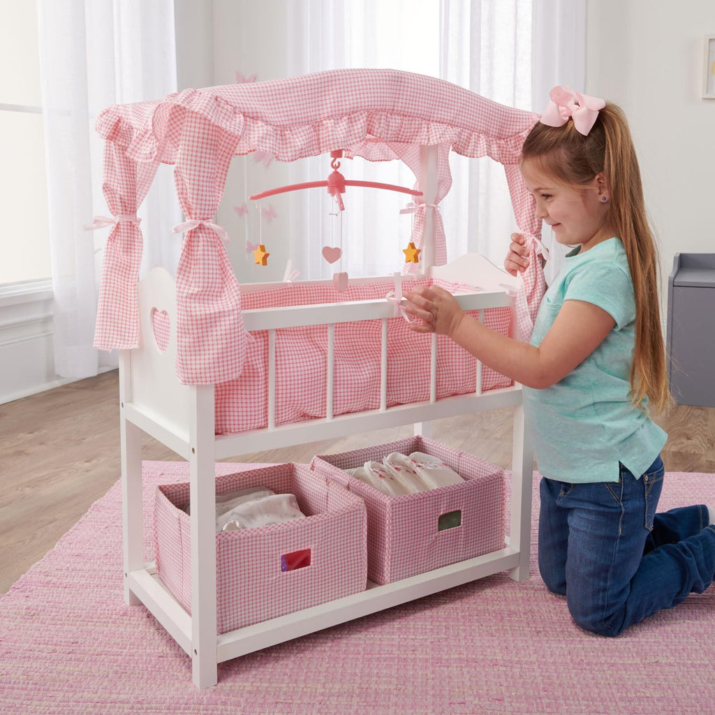 Doll Crib with Bedding, Storage Baskets, Mobile & Personalization Kit - Ideal Nursery Set for Dolls Up to 22 Inches