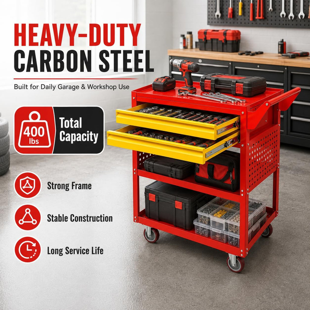Rolling Tool Cart 400lbs Capacity, 5-Tier Steel Utility Service Cart with 2 Drawers, Heavy Duty Workshop Storage