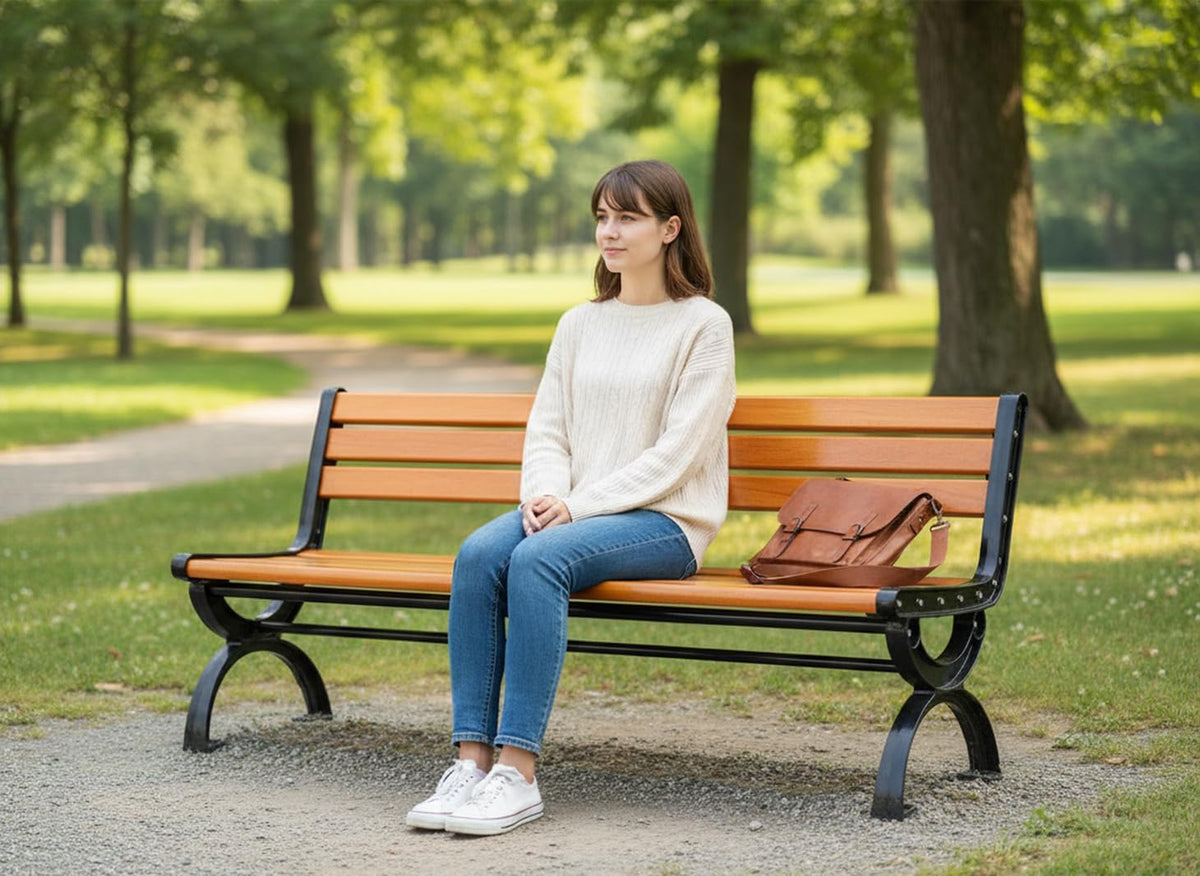 Outdoor Benches Cast Aluminum Preservative Wood 67IN(170CM) Patio Garden Bench Perfect for Backyard, Lawn, Porch, Path