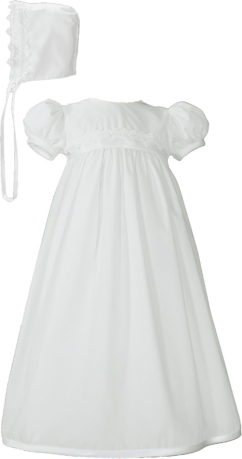 White Polycotton Christening Baptism Gown with Lace Trim & Bonnet