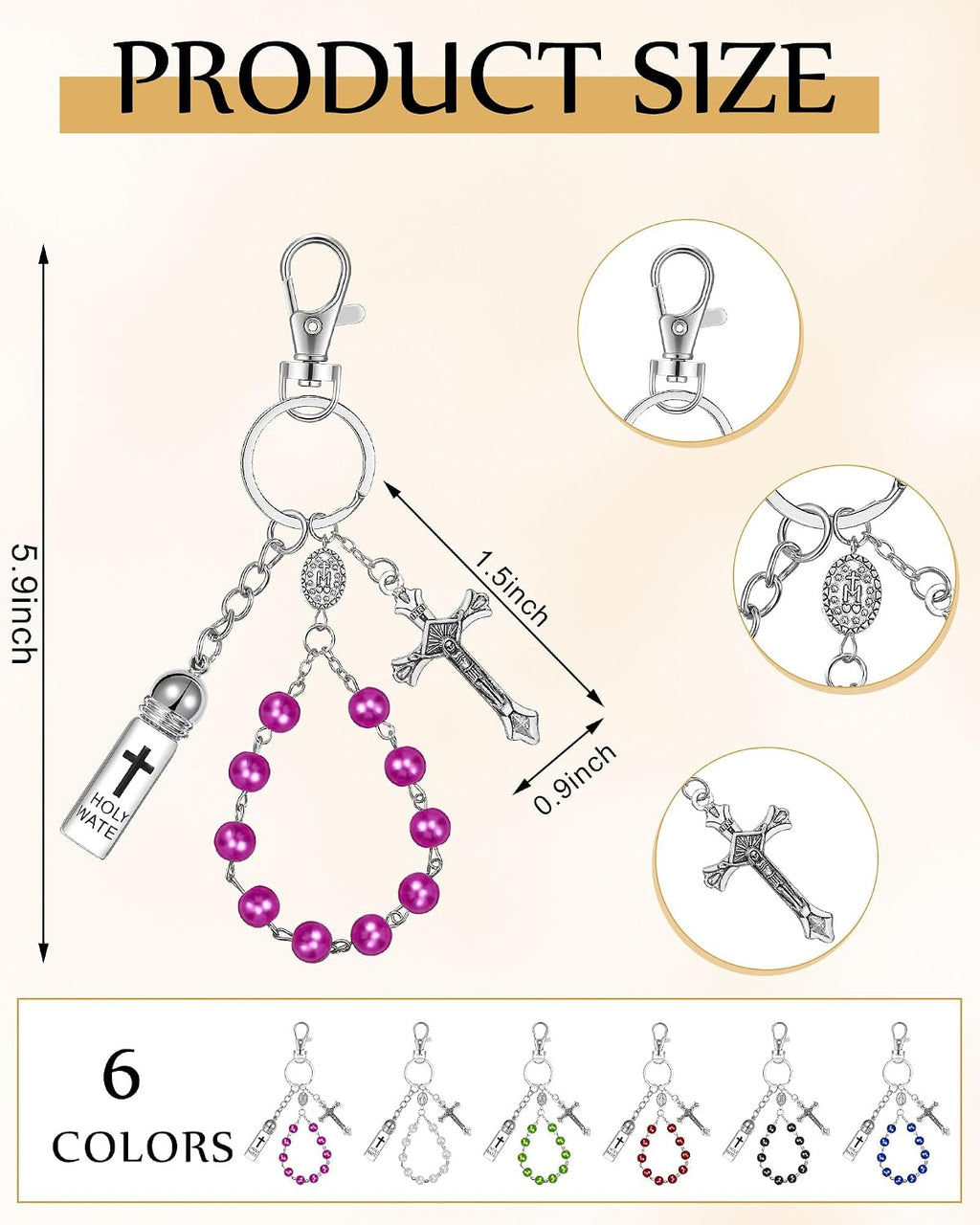 6 Set Holy Water Container Keychain with Rosary Bead, Crucifix, Organza Bags, Eye Dropper, Gift Bulk for Easter