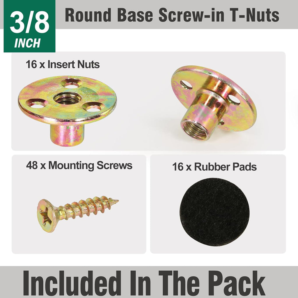 FoDau770 3/8"-16 Brad Hole T-Nut with Screws - 16 Set (64 Pieces)