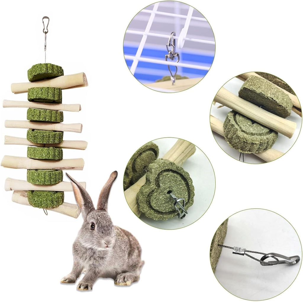 2 PCS Bunny Chew Toys for Teeth Natural Rabbit Toys Hanging Sweet Bamboo Chews with Grass Cake Guinea Pig Toys Snack