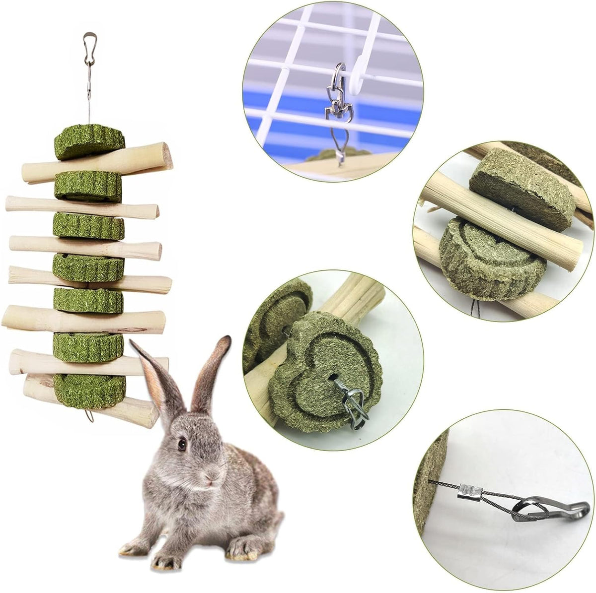 2 PCS Bunny Chew Toys for Teeth Natural Rabbit Toys Hanging Sweet Bamboo Chews with Grass Cake Guinea Pig Toys Snack