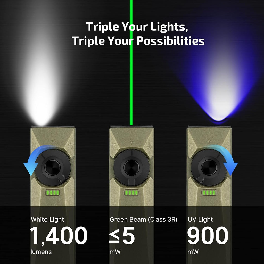 Arkfeld Ultra EDC Flat Flashlight Rechargeable, OAL, Olive-Green CW | Green Beam,UV Light, White LED, 1400 Lumens