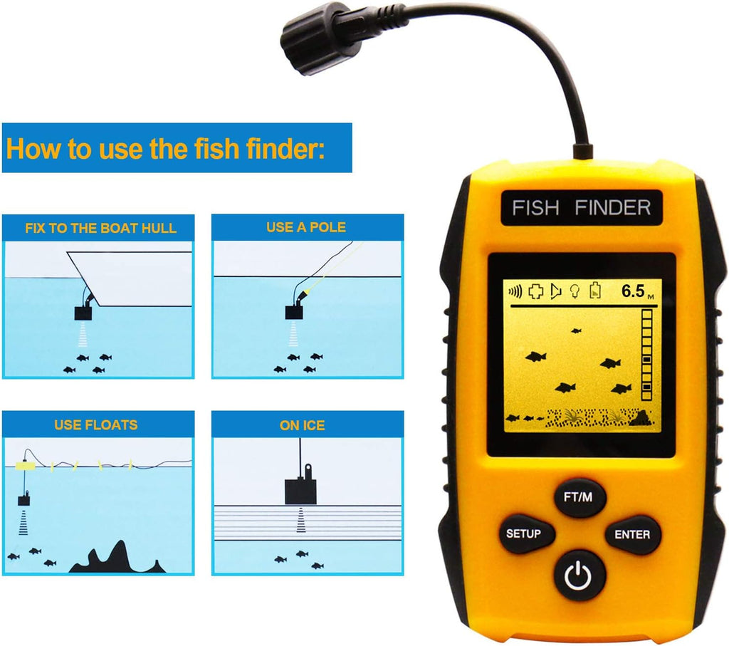 Handheld Fish Finder Portable Fishing Kayak Fishfinder Fish Depth Finder Fishing Gear with Sonar Transducer and LCD