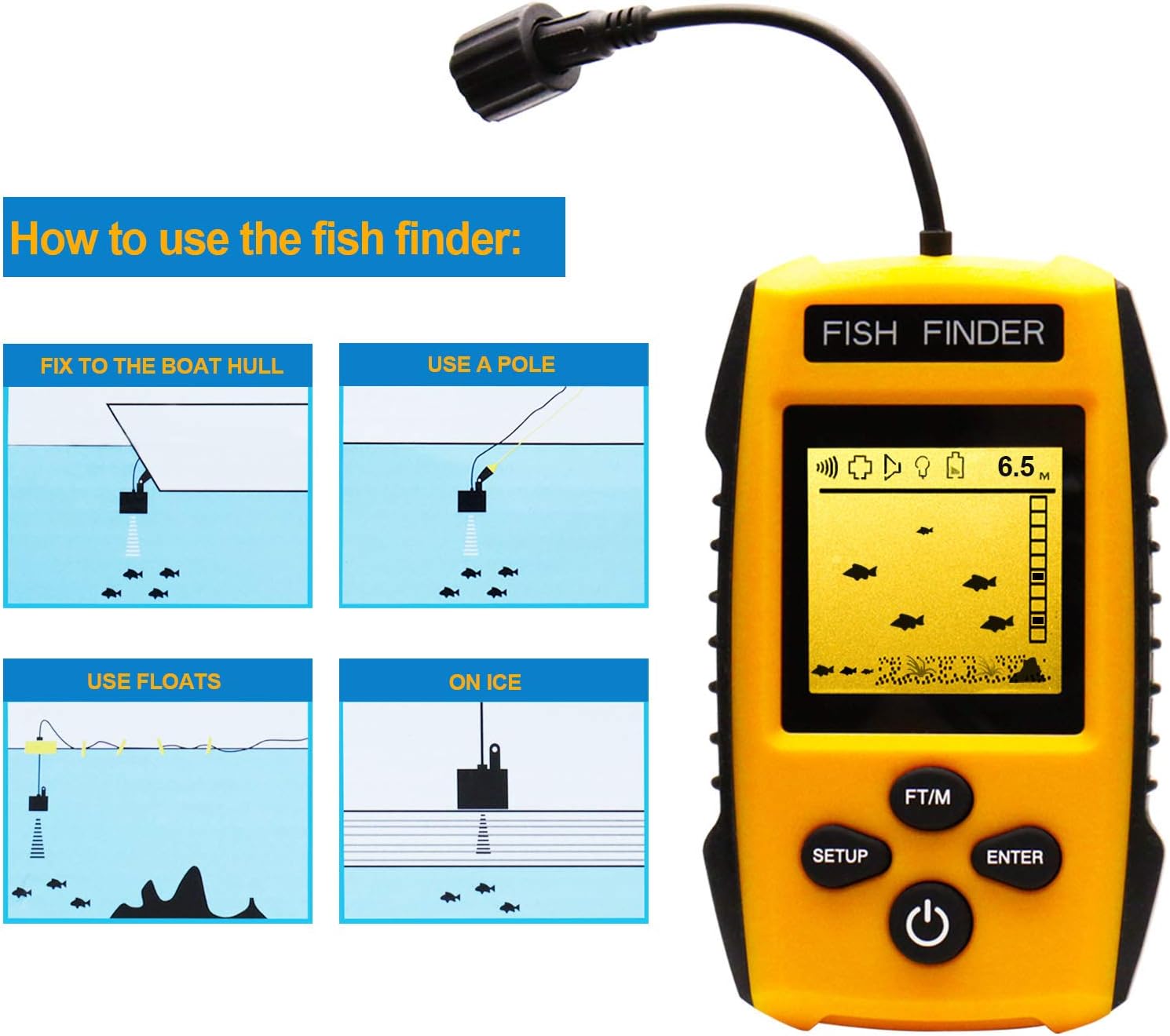 Handheld Fish Finder Portable Fishing Kayak Fishfinder Fish Depth Finder Fishing Gear with Sonar Transducer and LCD