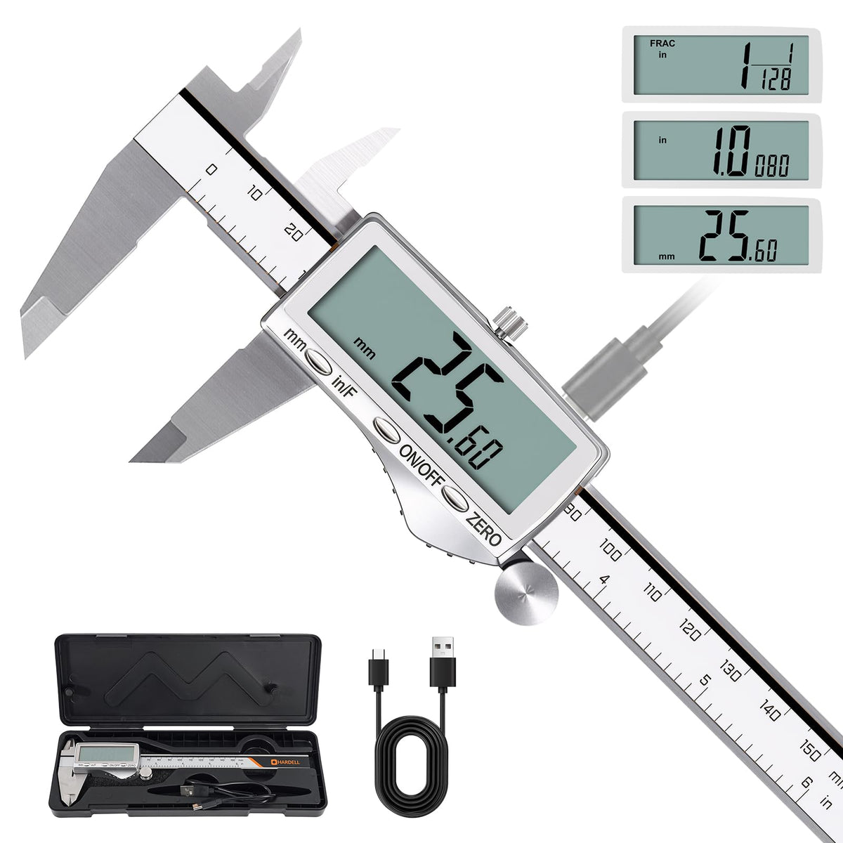 HARDELL Digital Caliper, 6" Rechargeable Calipers with Large LCD Screen