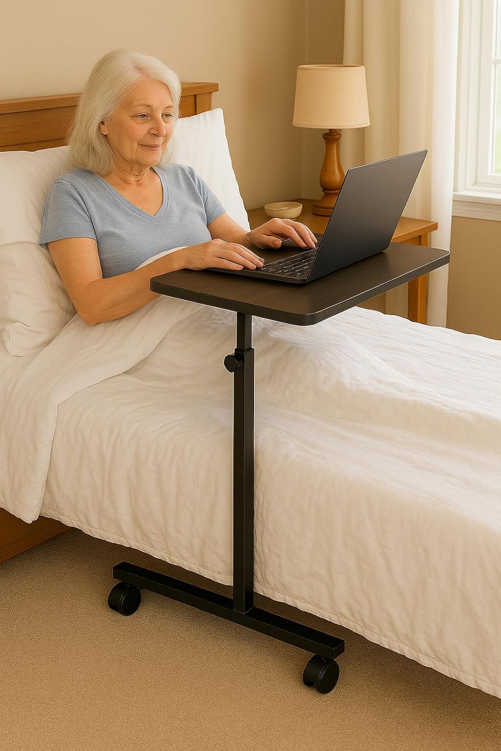 Adjustable Overbed Table on Wheels – Height Adjustable from 30” to 42” – H-Base Rolling Bedside Table for Home