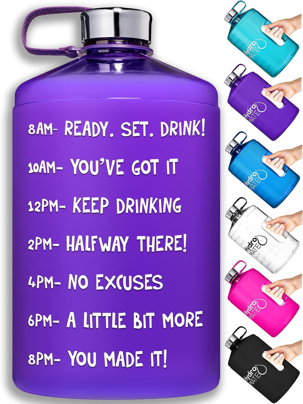 HydroMATE Large Gallon 128 oz Motivational Water Bottle with Handle and Time Marker Reusable BPA Free Jug Times