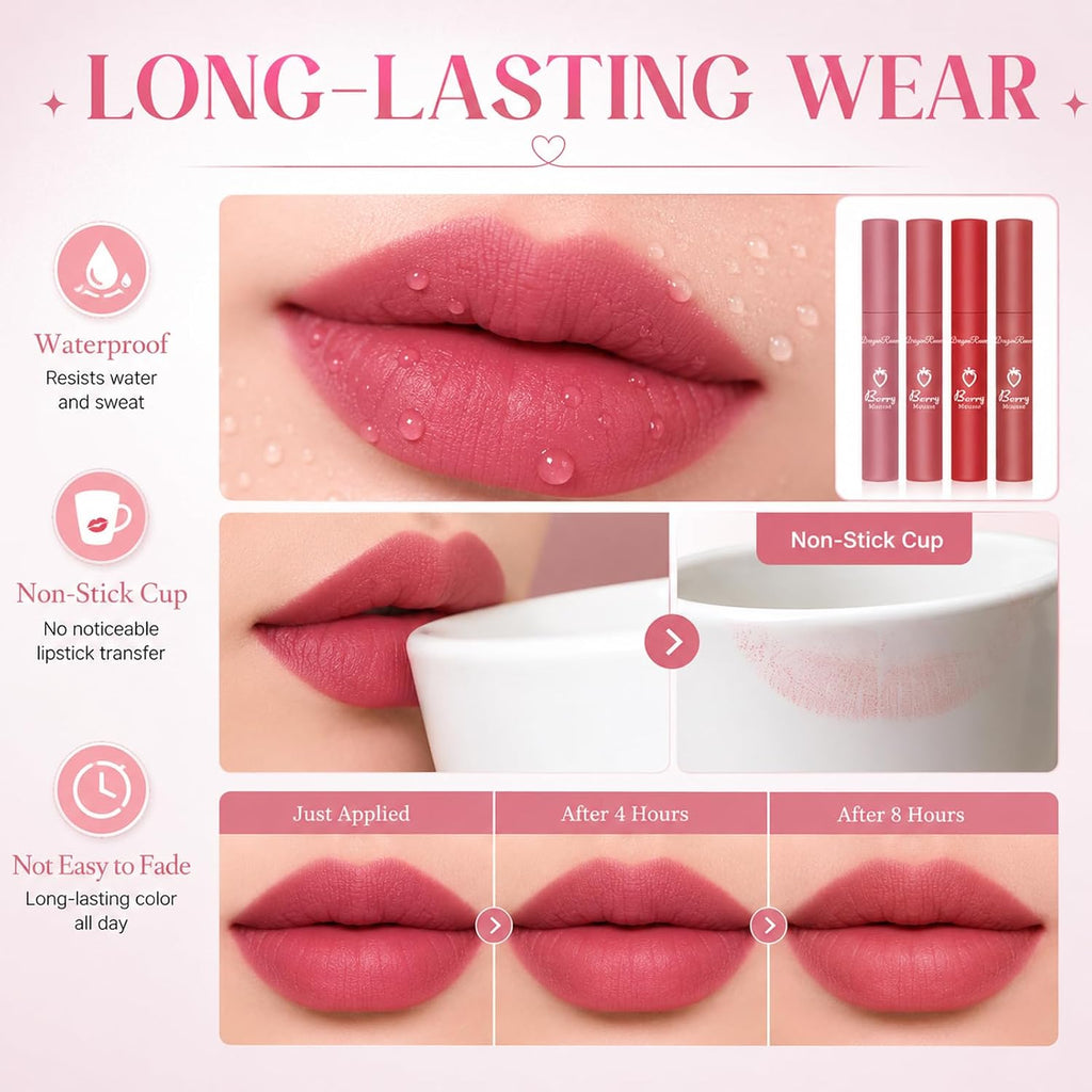 3 Pcs Matte Lipstick for Women, Rose Red Nude Liquid Lipstick Makeup