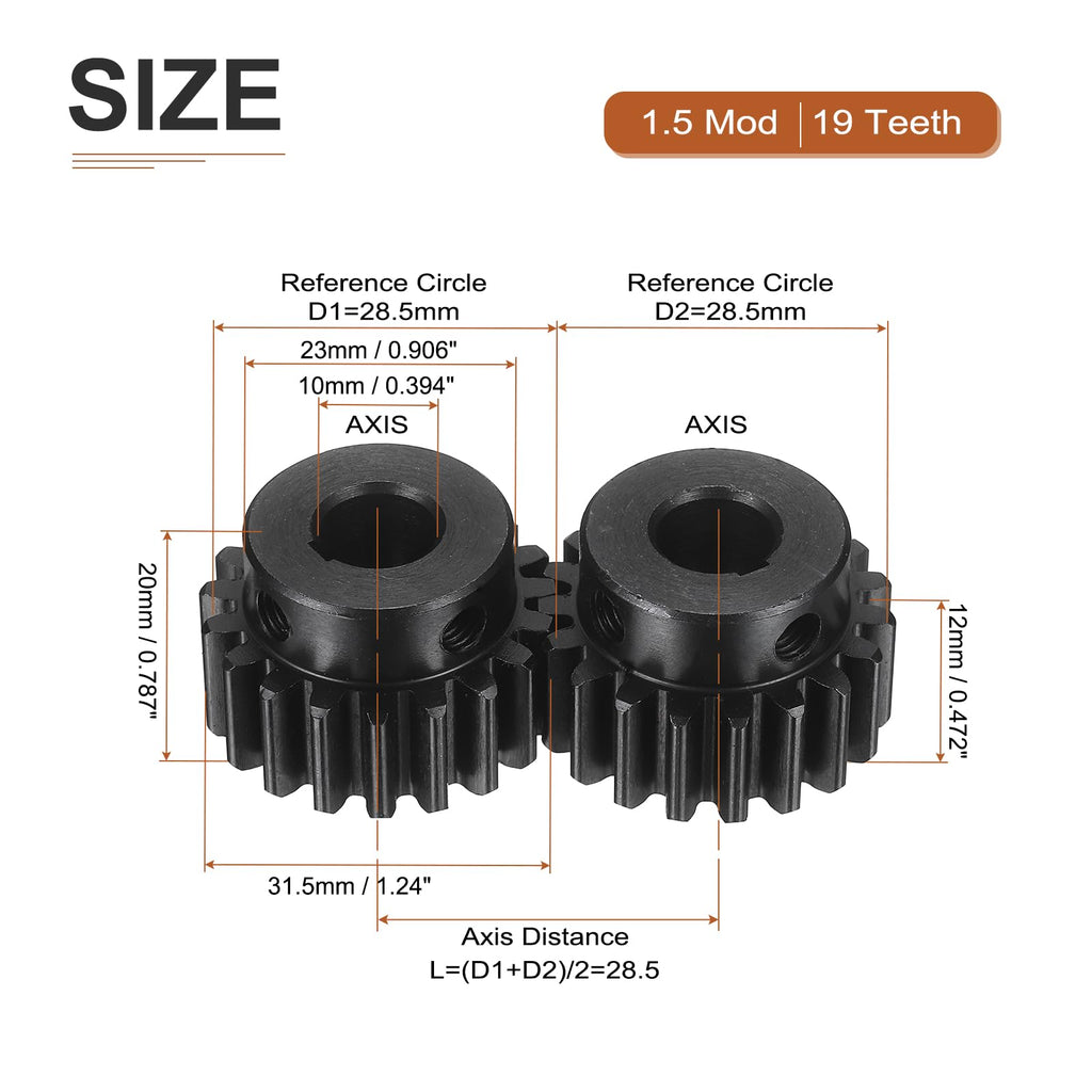 DTGN Spur Gear 1.5Mod 19 Teeth 12mm Thickness 10mm Bore 3x1.4mm Keyway 2Pcs