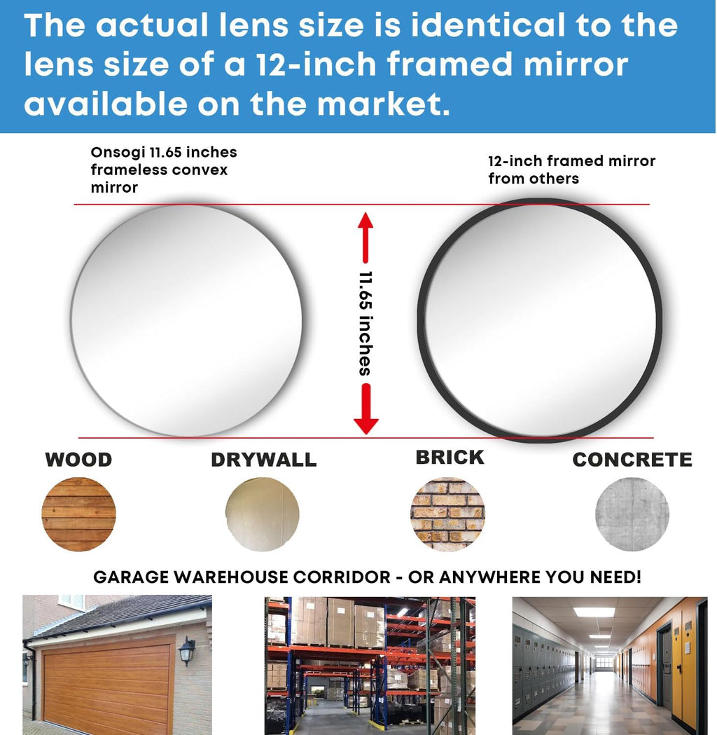11.65 Inch Frameless 1.8mm Thick Acrylic Convex Mirror - Adjustable Wide Angle View Indoor Security Mirror for Garage