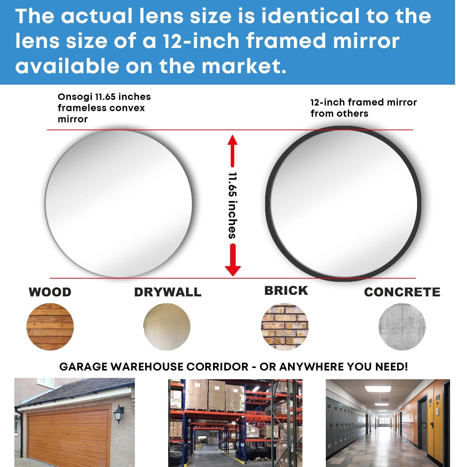 11.65 Inch Frameless 1.8mm Thick Acrylic Convex Mirror - Adjustable Wide Angle View Indoor Security Mirror for Garage