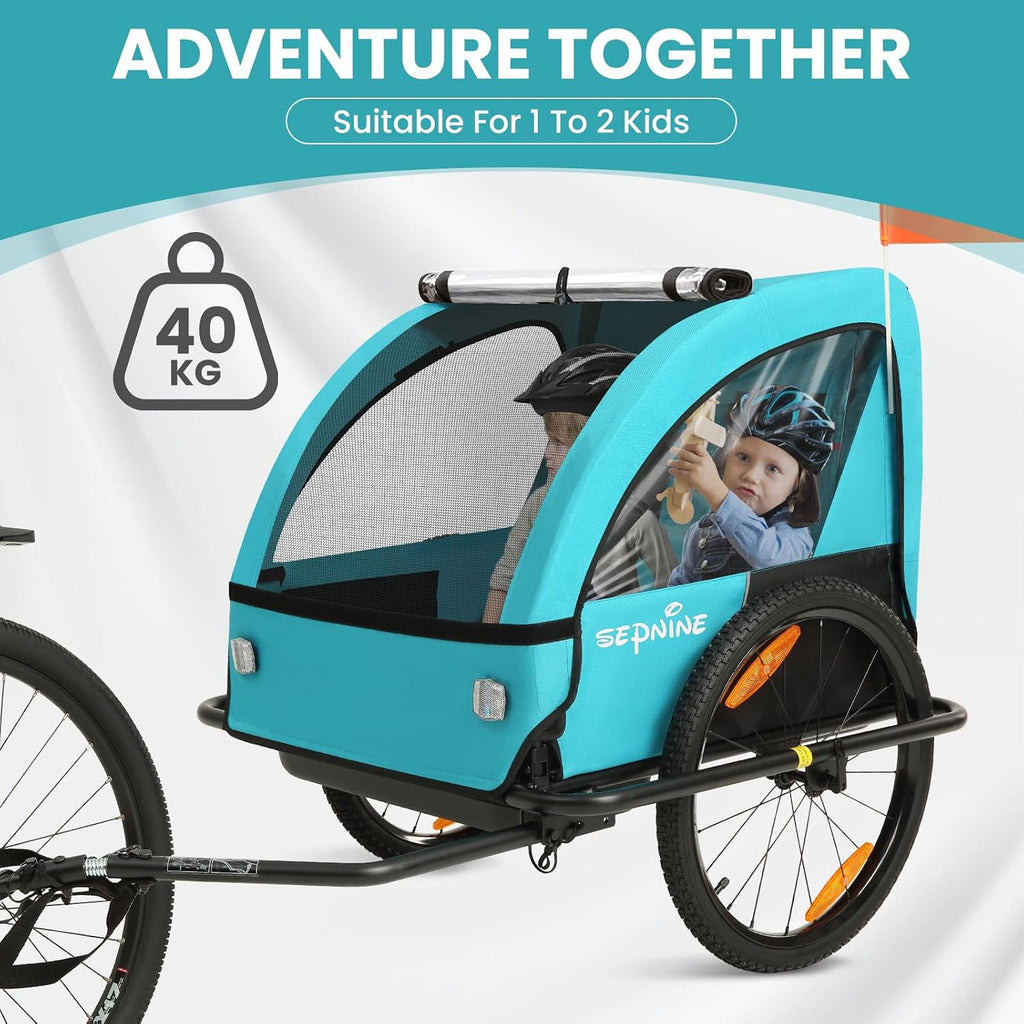 Kids Bike Trailer, Suitable for 1 to 2 Children, Double Seat, Universal Coupler, Foldable, Canopy with Bug Screen and