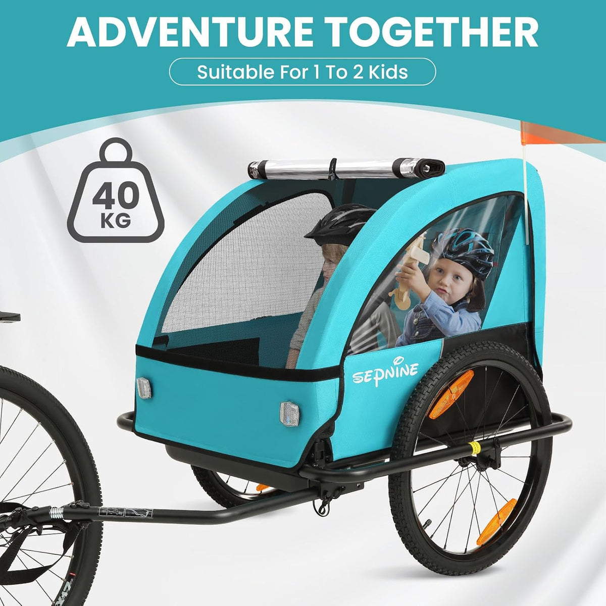 Kids Bike Trailer, Suitable for 1 to 2 Children, Double Seat, Universal Coupler, Foldable, Canopy with Bug Screen and