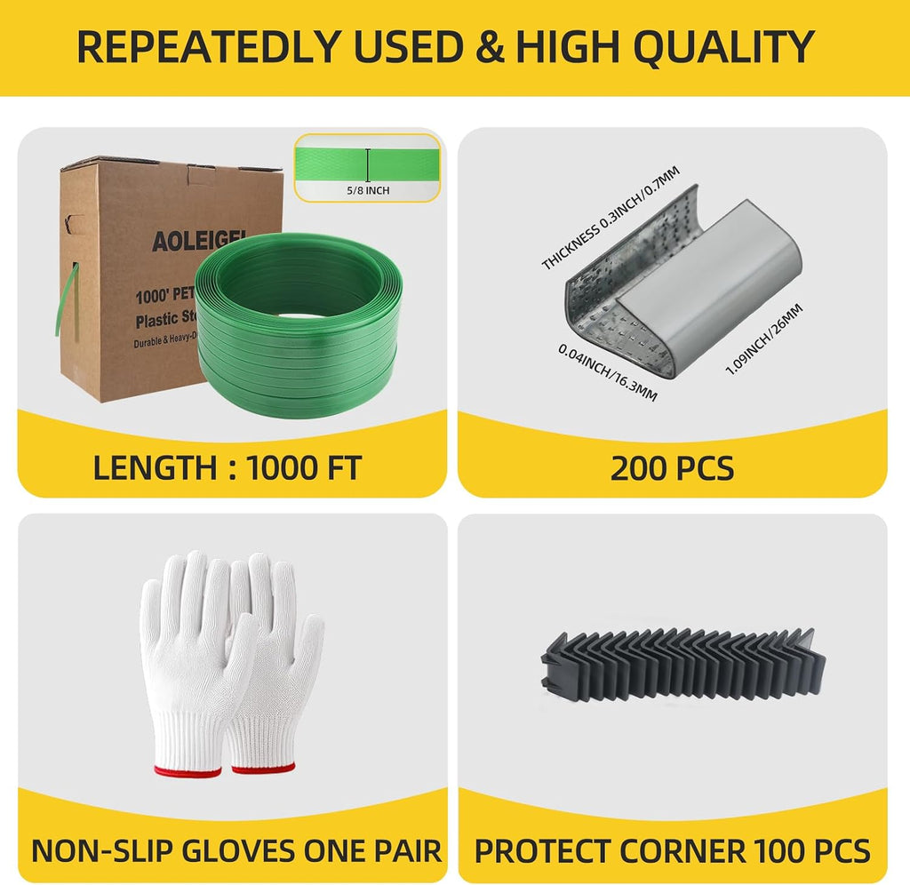 Banding Strapping Kit, 5/8” x 1000’ Heavy Duty Pallet Strapping Kit >1500lbs Tensile Strength, Includes Banding Tool