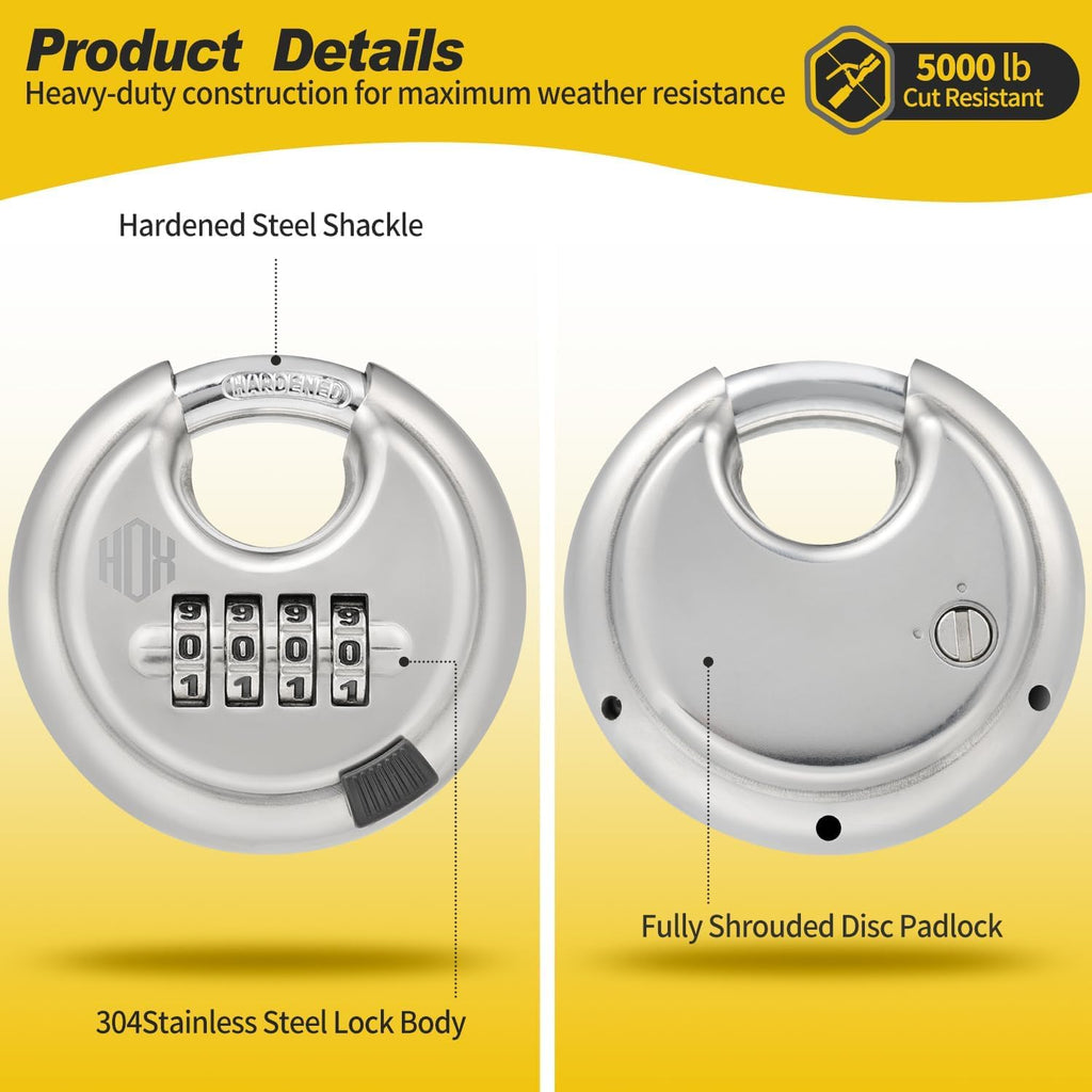 Combination Lock, 4 Digit Disc Padlock with 3/8 Inch Hardened Steel Shackle, 2-3/4 Inch Wide Body, Keyless Heavy Duty