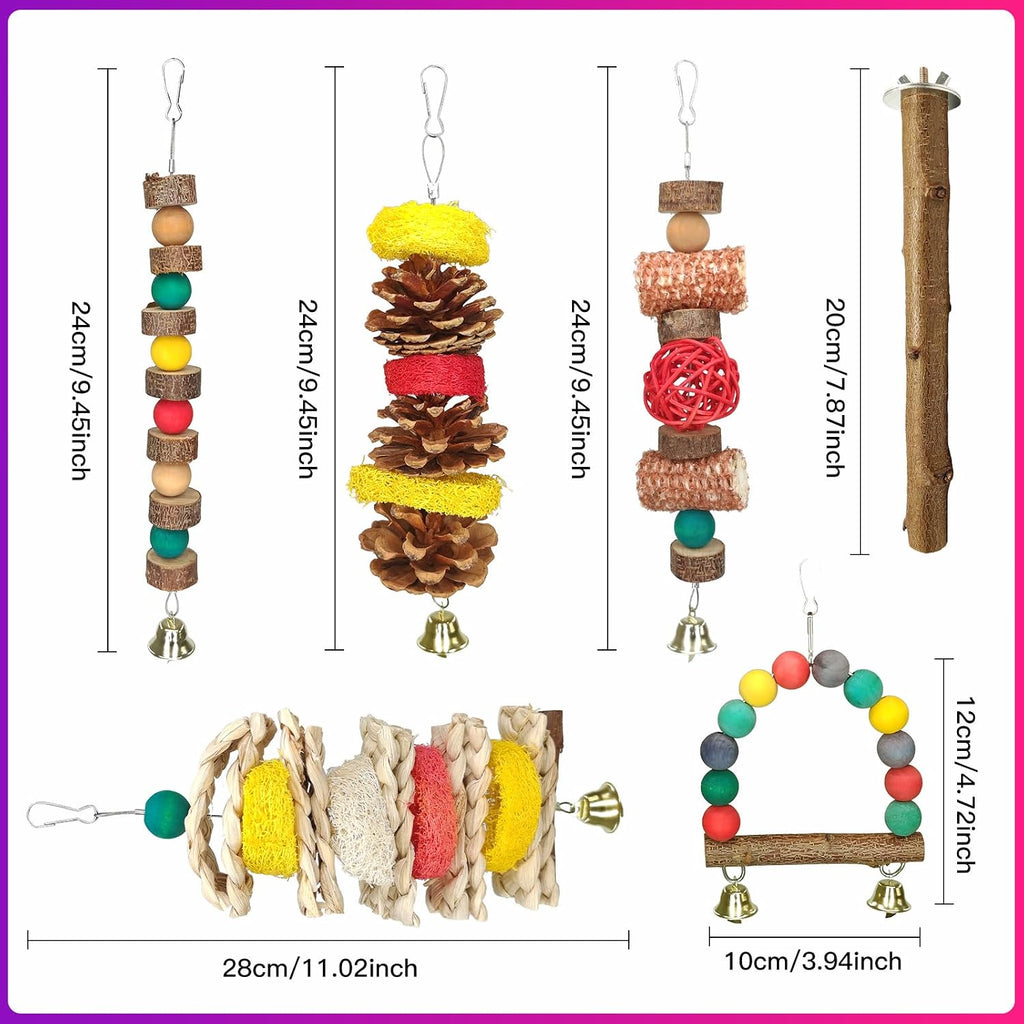 7 Pcs Natural Wood Bird Toy & Perch for Parakeets, Cockatiel & Lovebird, Budgie Play Accessory for Small Parrots