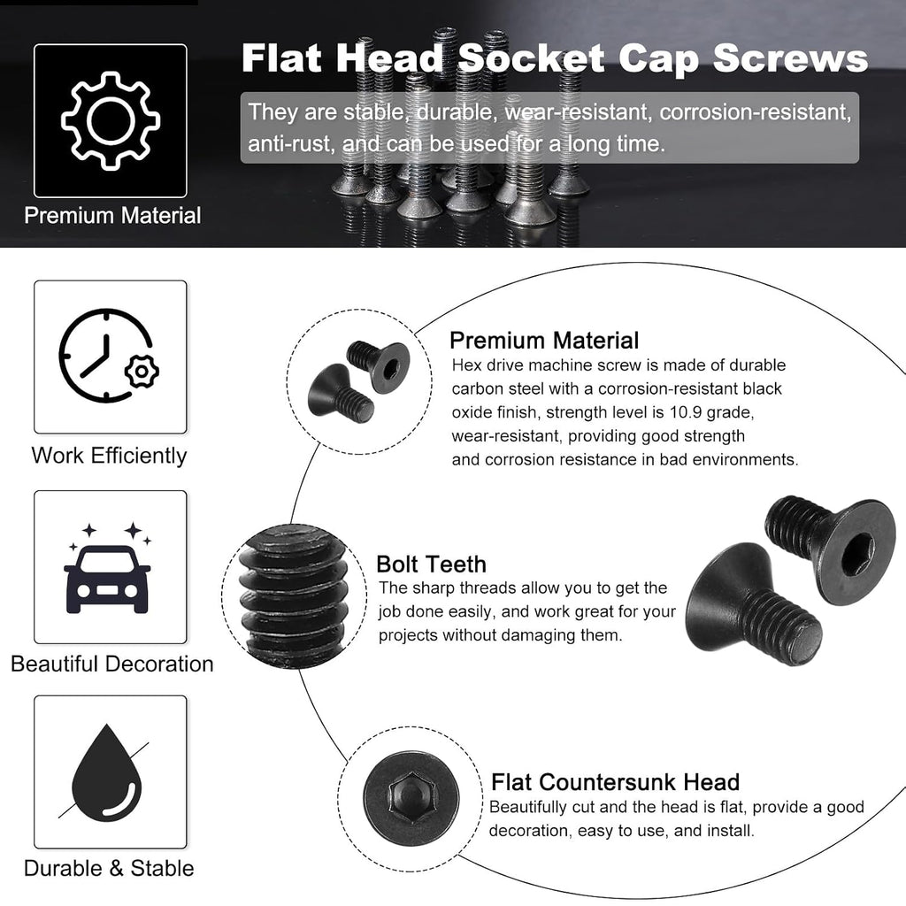 PATIKIL #10-32 x 3/8 Inch Flat Head Socket Cap Screws, 10 Pcs Flat Countersunk Bolts Hex Socket Drive Machine Screws Full Thread Coarse Thread UNC with Hex Spanner Black Oxide Grade 10.9